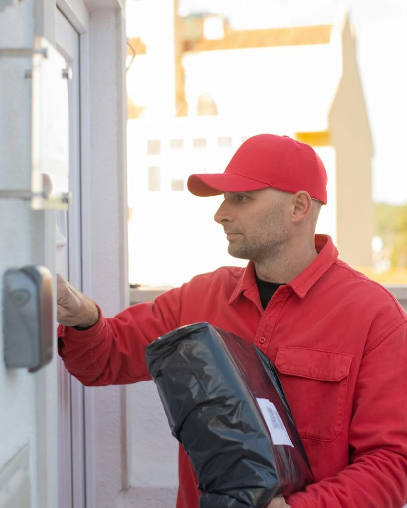 Photo of a Delivery Man with a Red Cap Ringing a Doorbell